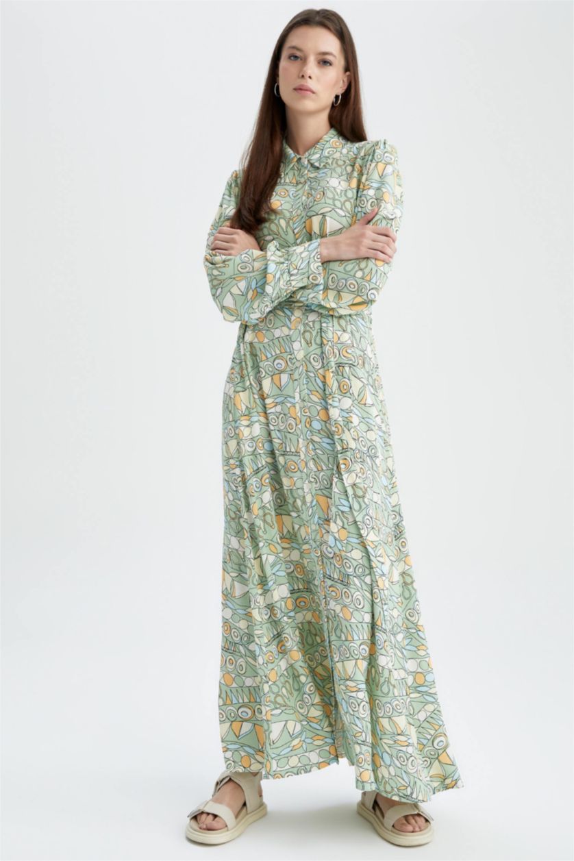 FEMME Beige Robe Tissée À Manches Longues Imprimé