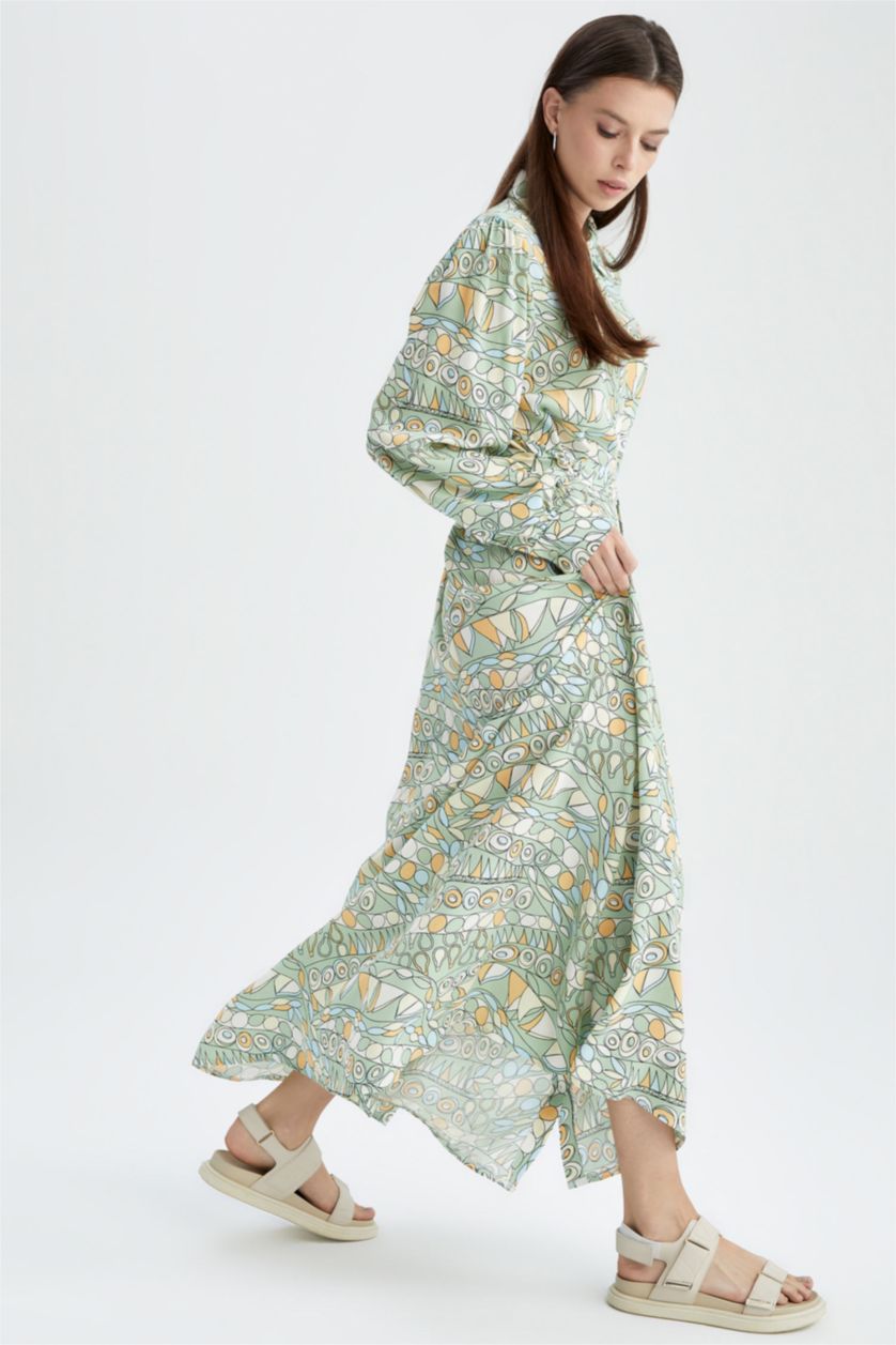 FEMME Beige Robe Tissée À Manches Longues Imprimé