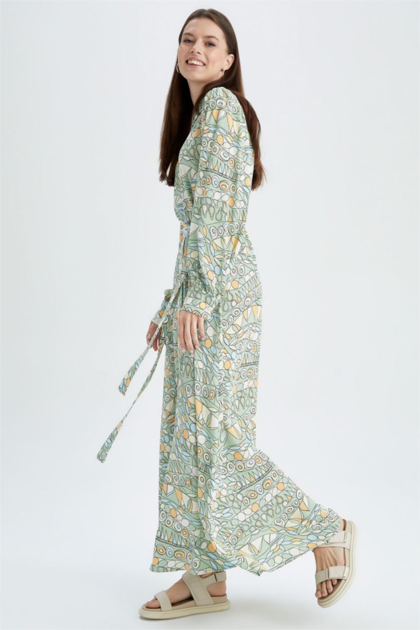 FEMME Beige Robe Tissée À Manches Longues Imprimé