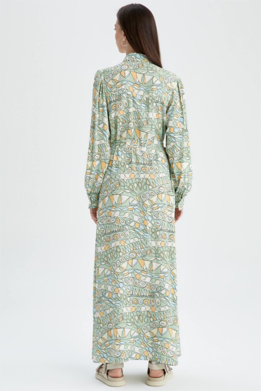 FEMME Beige Robe Tissée À Manches Longues Imprimé