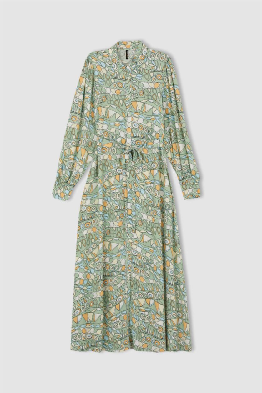 FEMME Beige Robe Tissée À Manches Longues Imprimé