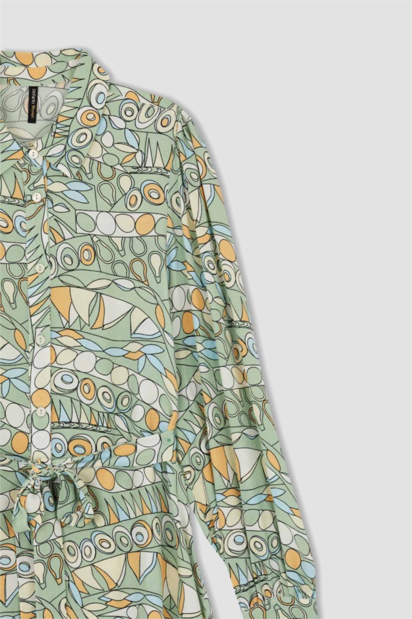 FEMME Beige Robe Tissée À Manches Longues Imprimé