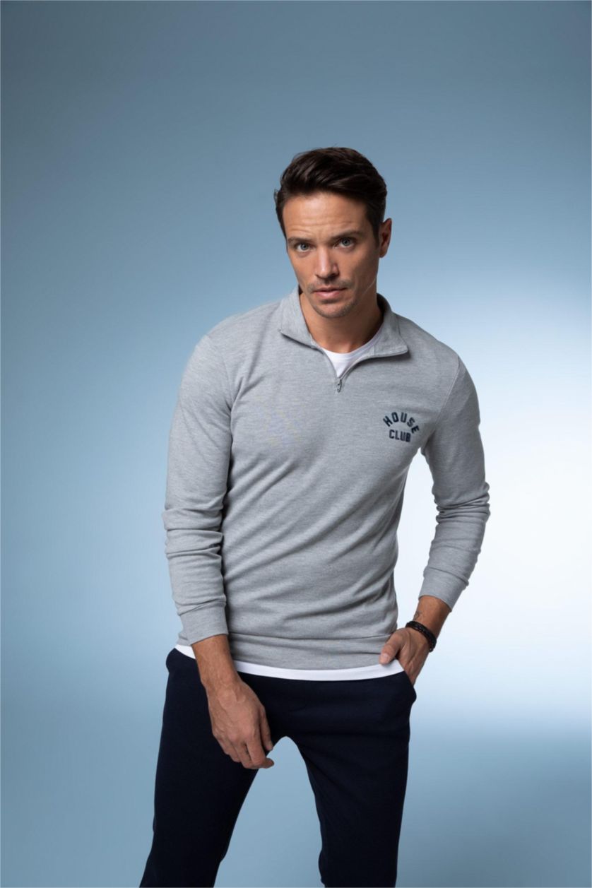 HOMME Gris Sweat Col Montant Demi-Zip Coupe Moderne