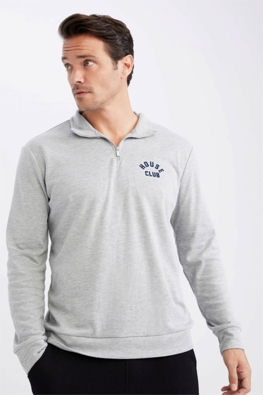 HOMME Gris Sweat Col Montant Demi-Zip Coupe Moderne