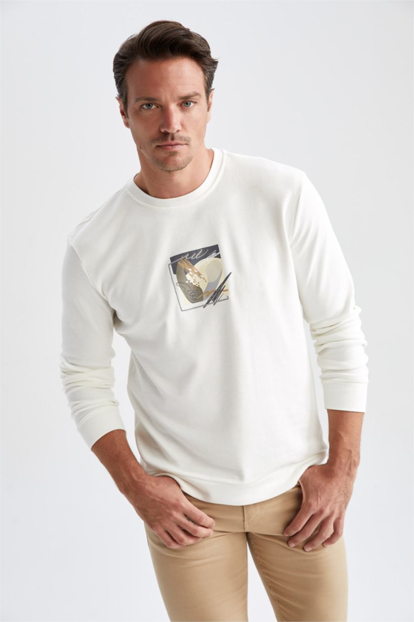 HOMME Blanc Sweat Col Rond Coupe Moderne