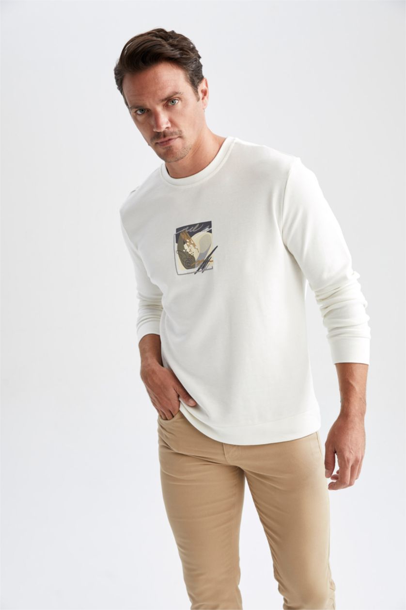 HOMME Blanc Sweat Col Rond Coupe Moderne