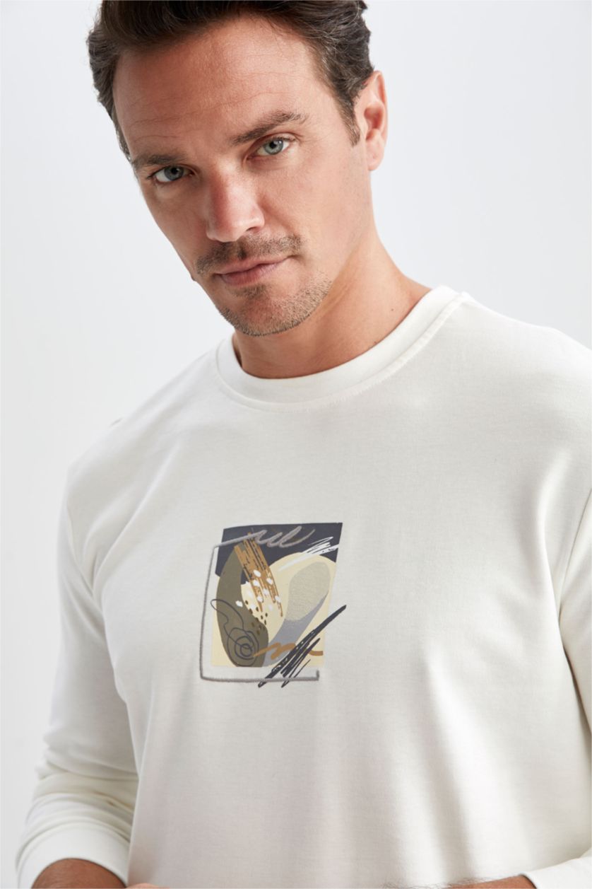 HOMME Blanc Sweat Col Rond Coupe Moderne