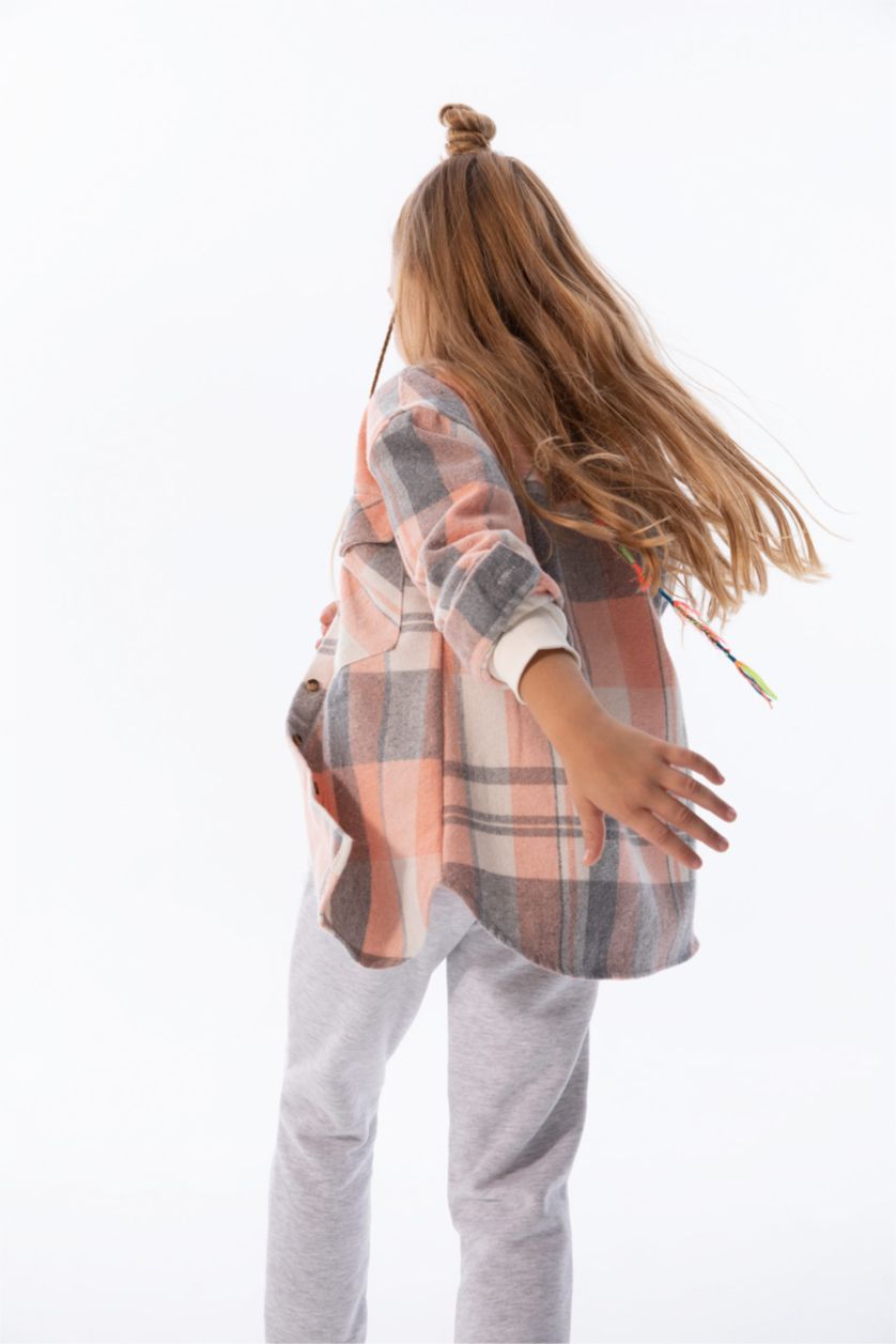 Kız Çocuk - Genç Kız Somon Kız Çocuk Kareli Cepli Uzun Kollu Gömlek