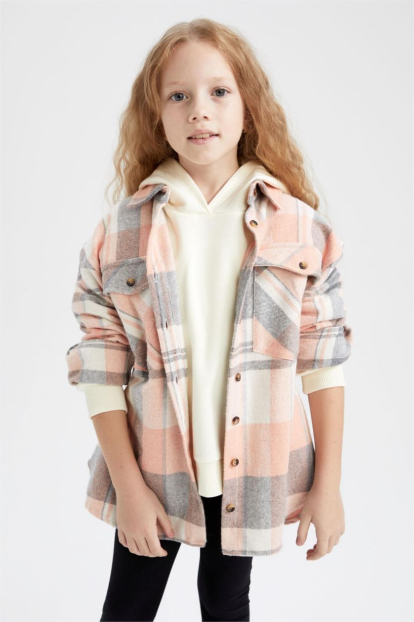 Kız Çocuk - Genç Kız Somon Kız Çocuk Kareli Cepli Uzun Kollu Gömlek