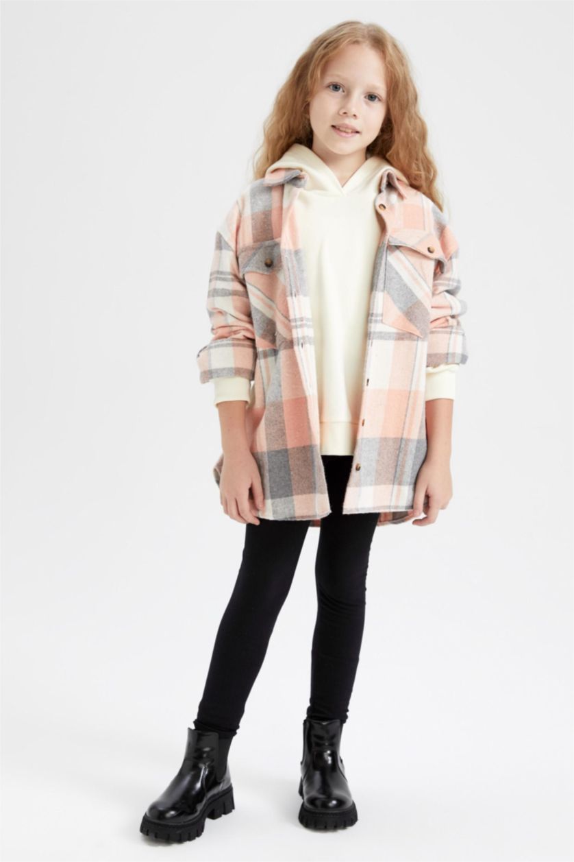 Kız Çocuk - Genç Kız Somon Kız Çocuk Kareli Cepli Uzun Kollu Gömlek