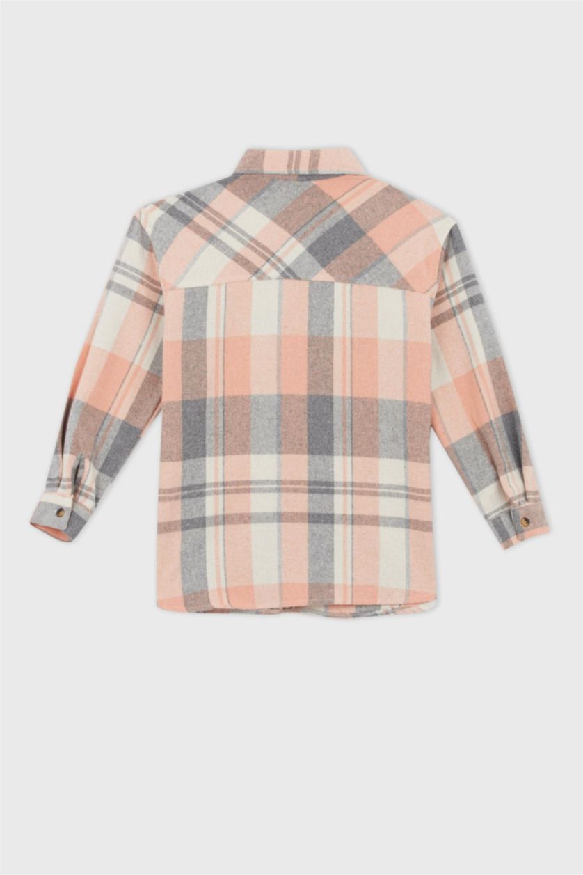 Kız Çocuk - Genç Kız Somon Kız Çocuk Kareli Cepli Uzun Kollu Gömlek