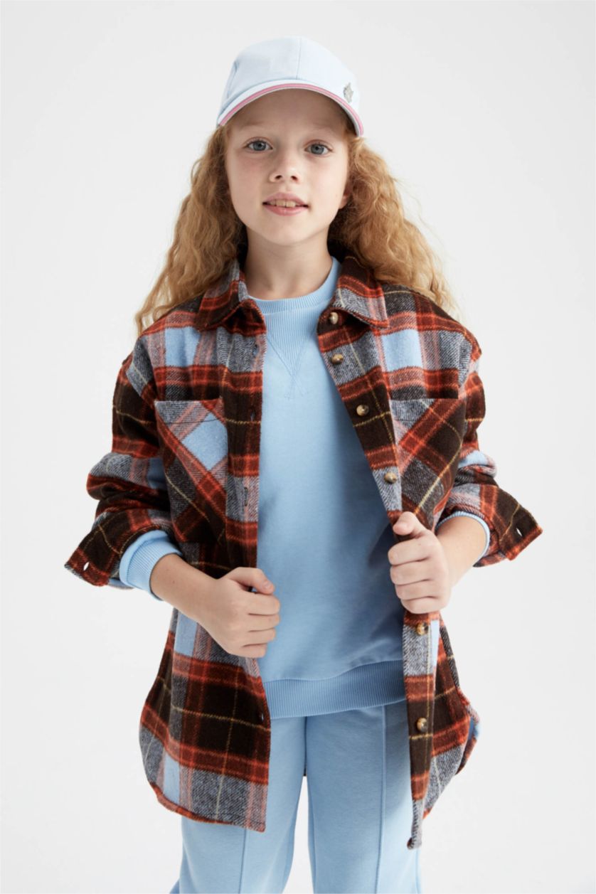 بناتي بني قميص كم طويل فلانيل