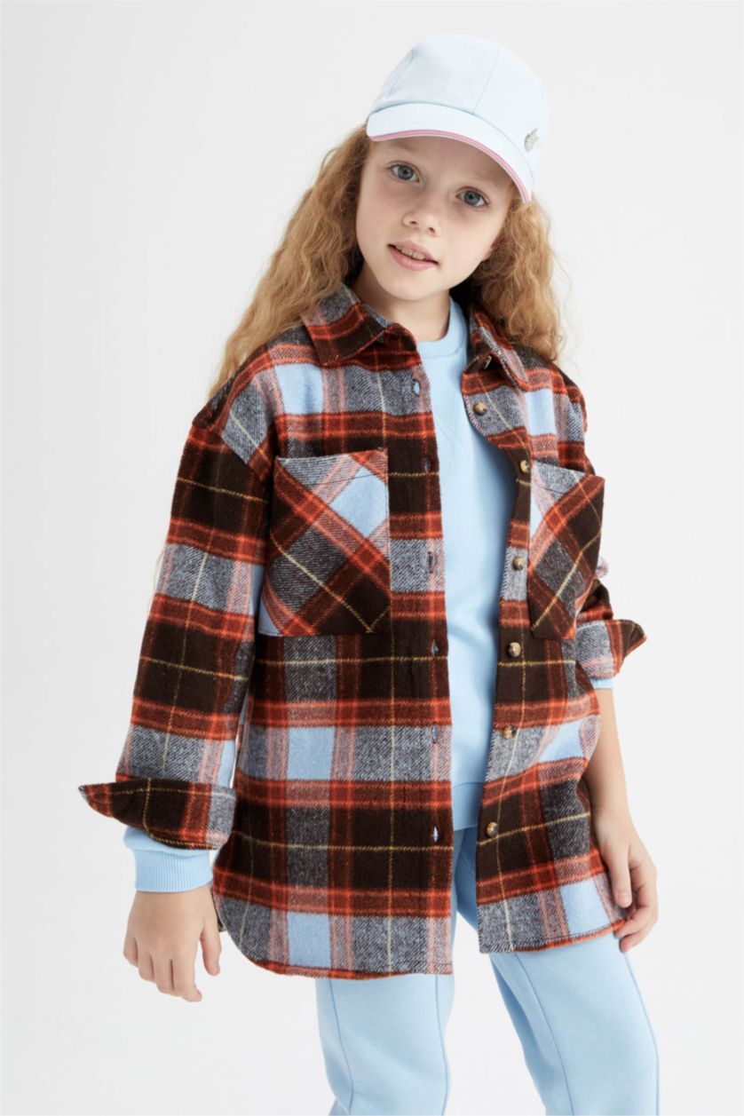 بناتي بني قميص كم طويل فلانيل