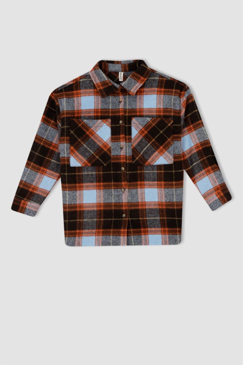 بناتي بني قميص كم طويل فلانيل