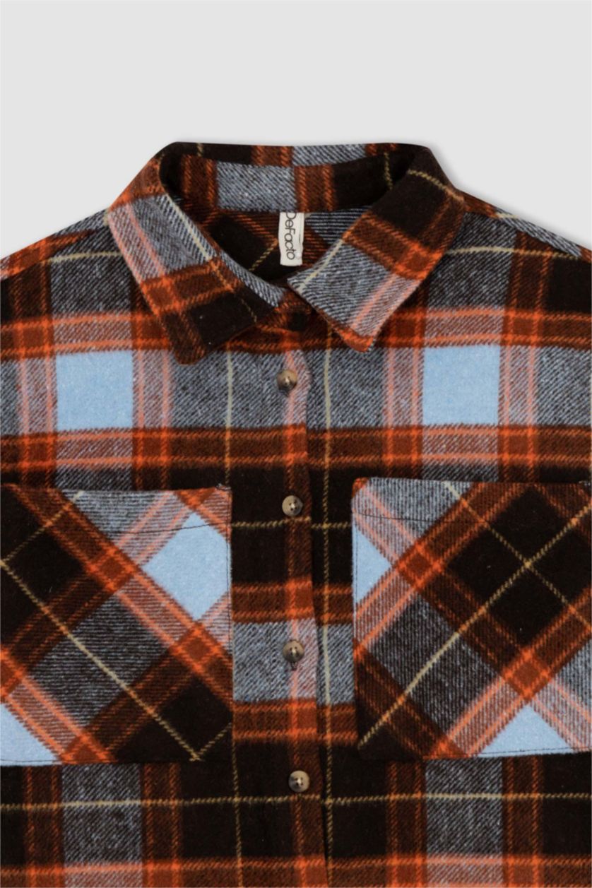 بناتي بني قميص كم طويل فلانيل