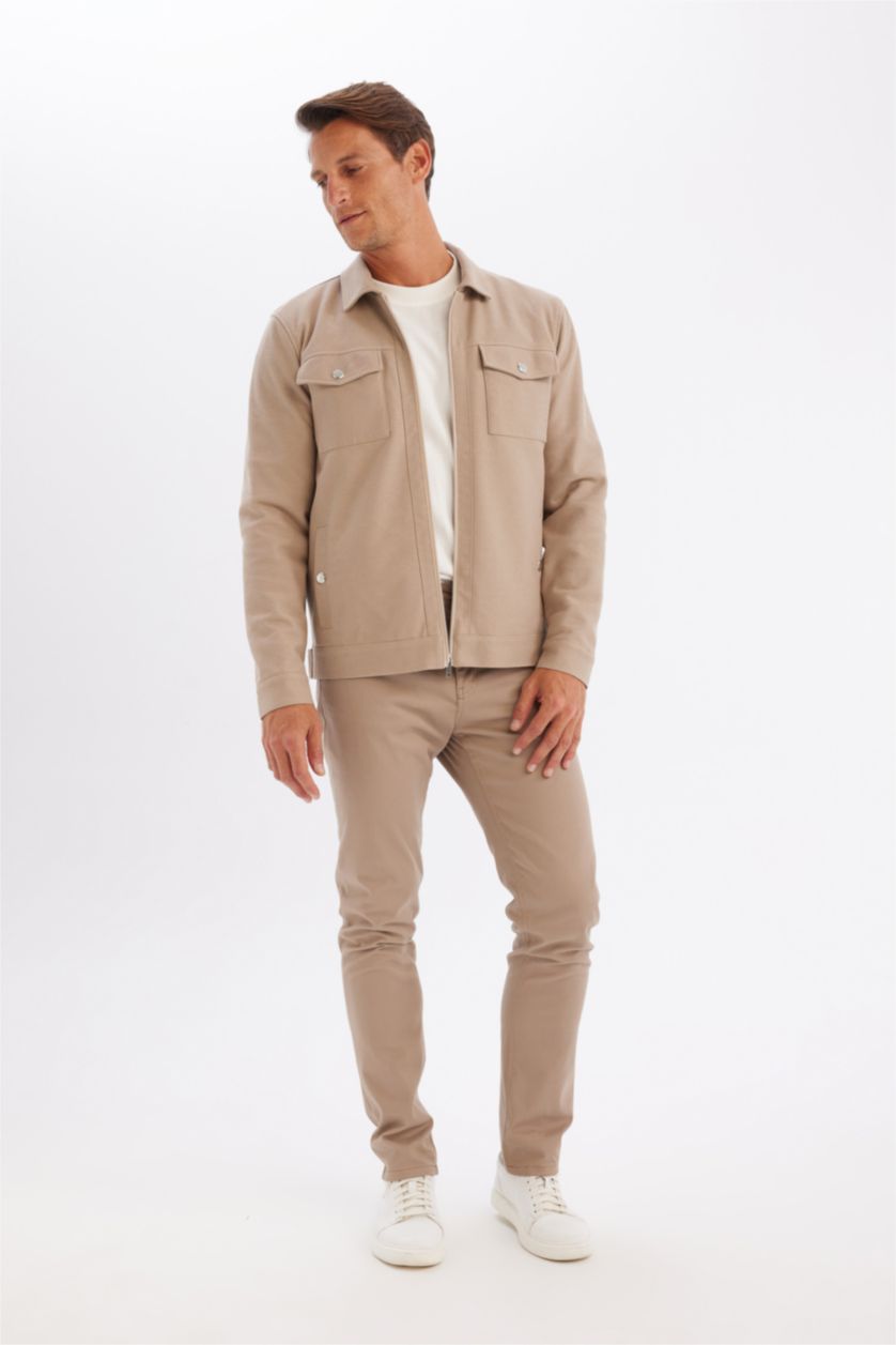 Erkek Bej Melanj Slim Fit Dar Kesim Polo Yaka Astarlı Fermuarlı Cepli Mevsimlik Mont