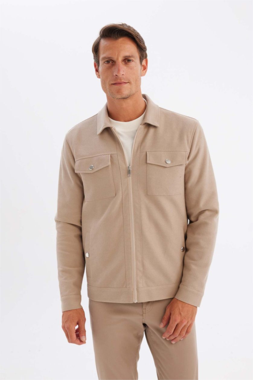 Erkek Bej Melanj Slim Fit Dar Kesim Polo Yaka Astarlı Fermuarlı Cepli Mevsimlik Mont