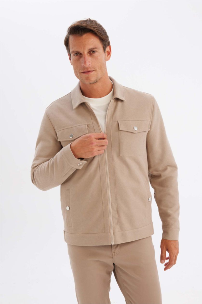 Erkek Bej Melanj Slim Fit Dar Kesim Polo Yaka Astarlı Fermuarlı Cepli Mevsimlik Mont