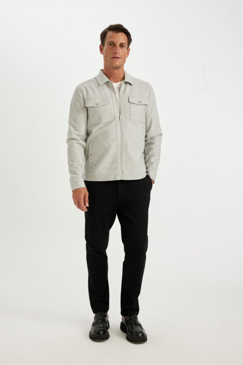 Erkek Gri Melanj Slim Fit Dar Kesim Polo Yaka Astarlı Fermuarlı Cepli Mevsimlik Mont