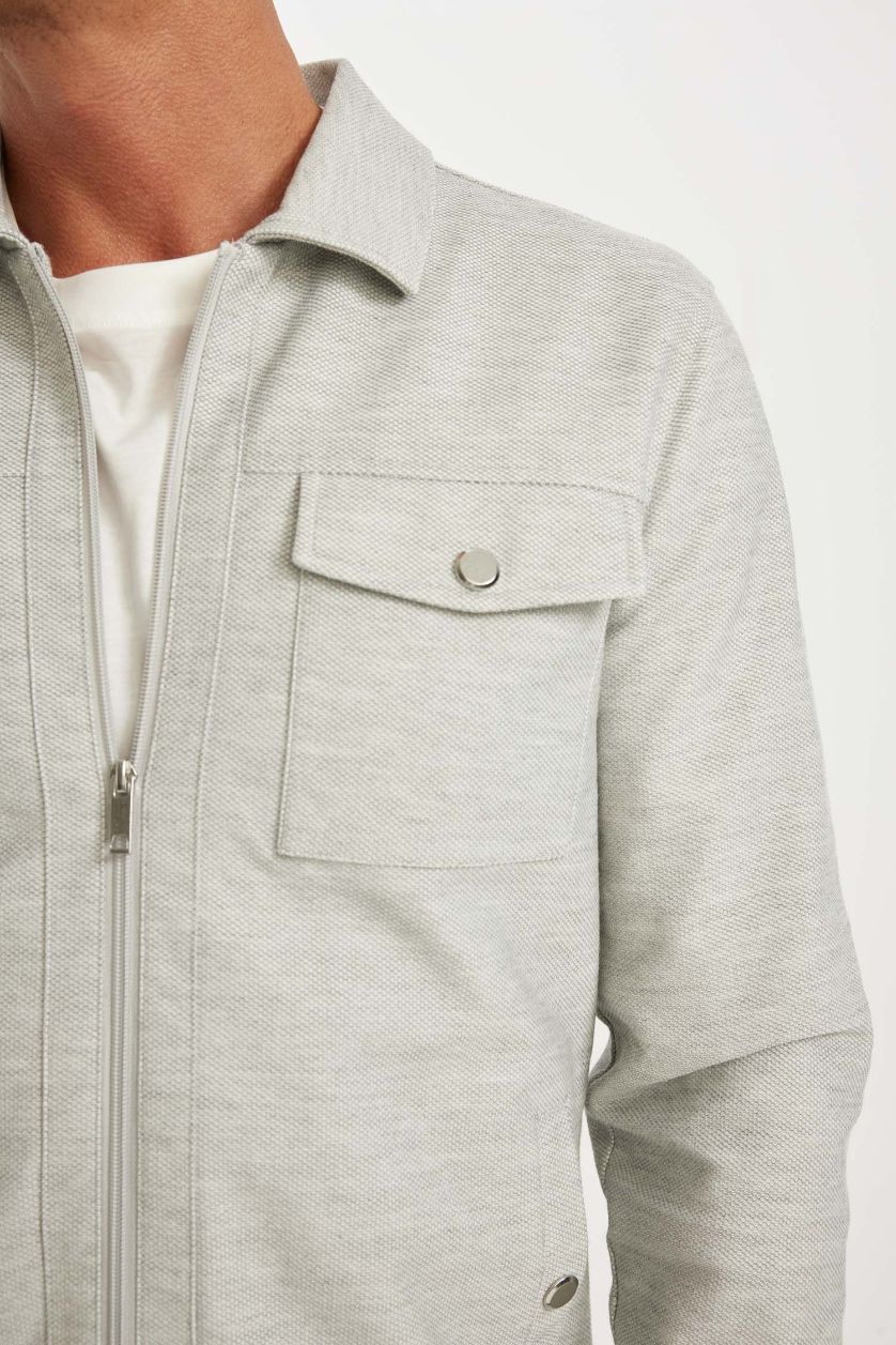 Erkek Gri Melanj Slim Fit Dar Kesim Polo Yaka Astarlı Fermuarlı Cepli Mevsimlik Mont