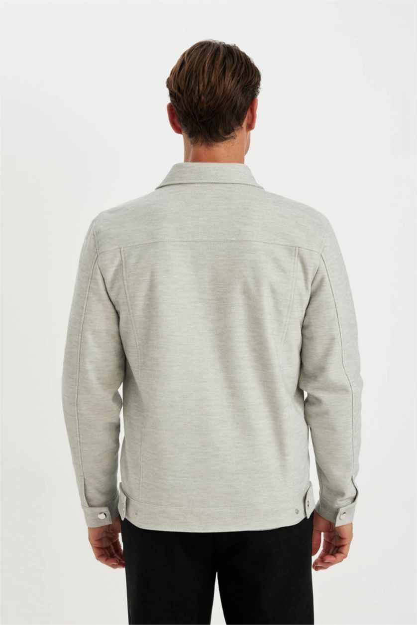 Erkek Gri Melanj Slim Fit Dar Kesim Polo Yaka Astarlı Fermuarlı Cepli Mevsimlik Mont