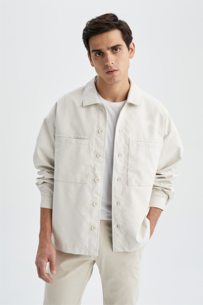 MAN Sand Oversize Fit Shirt Collar Faux Leather Coat