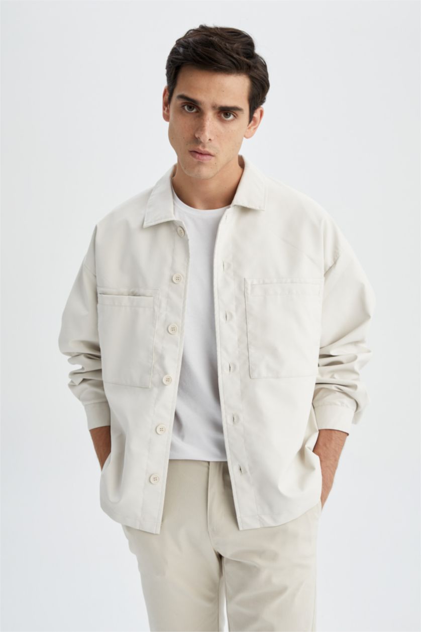 MAN Sand Oversize Fit Shirt Collar Faux Leather Coat