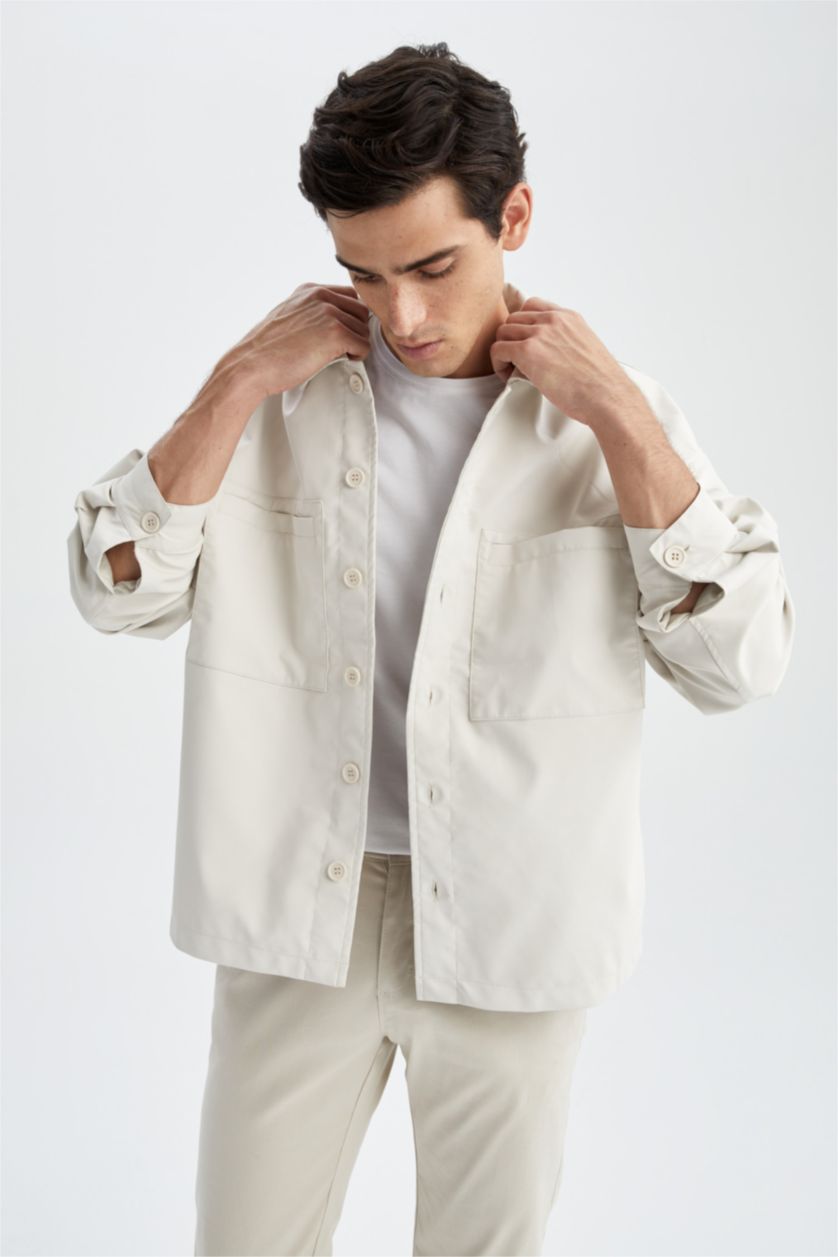 MAN Sand Oversize Fit Shirt Collar Faux Leather Coat