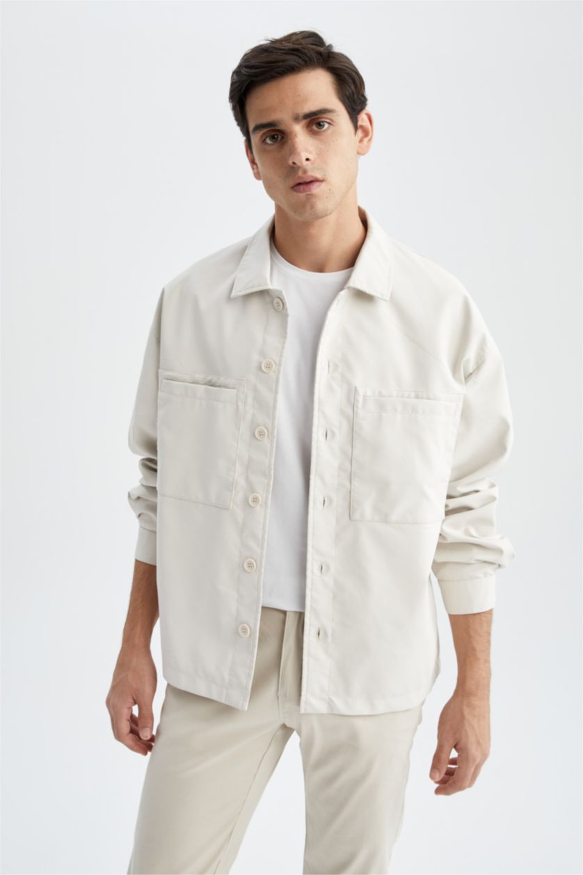 MAN Sand Oversize Fit Shirt Collar Faux Leather Coat