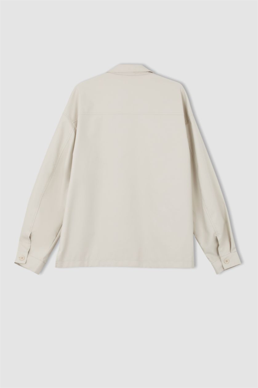 MAN Sand Oversize Fit Shirt Collar Faux Leather Coat