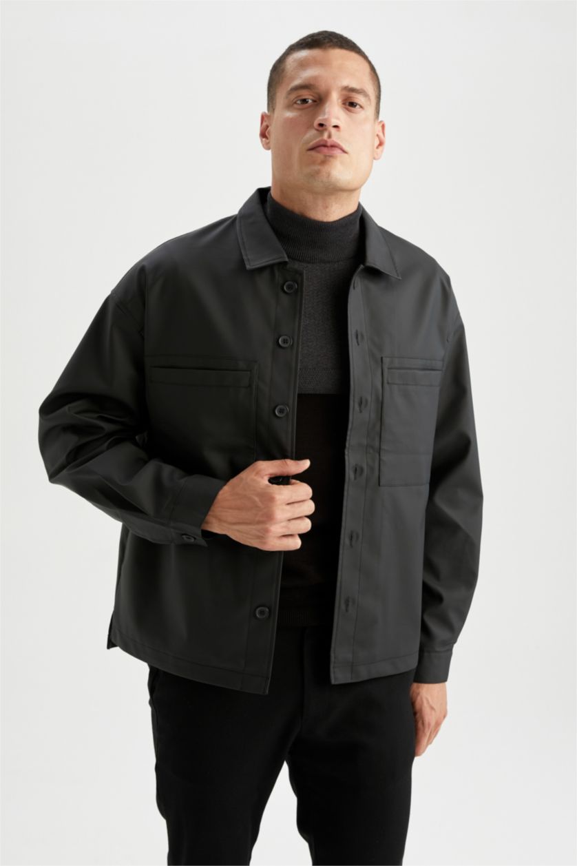 MAN Black Oversize Fit Shirt Collar Faux Leather Jacket