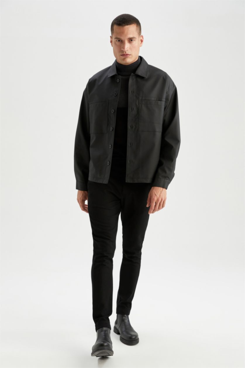 MAN Black Oversize Fit Shirt Collar Faux Leather Jacket