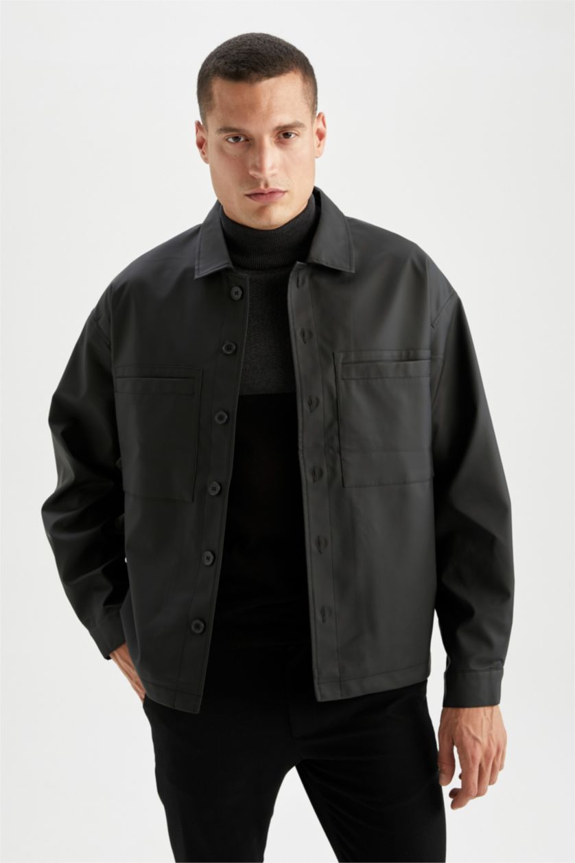 MAN Black Oversize Fit Shirt Collar Faux Leather Jacket