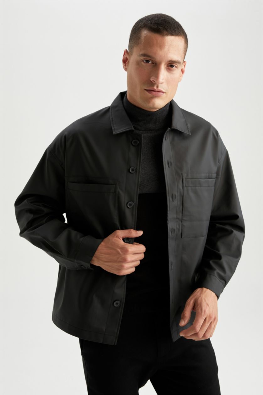 MAN Black Oversize Fit Shirt Collar Faux Leather Jacket