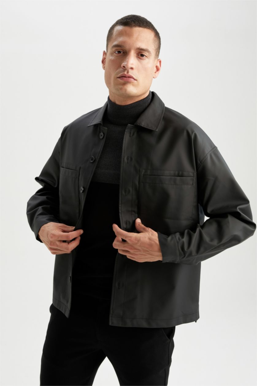 MAN Black Oversize Fit Shirt Collar Faux Leather Jacket