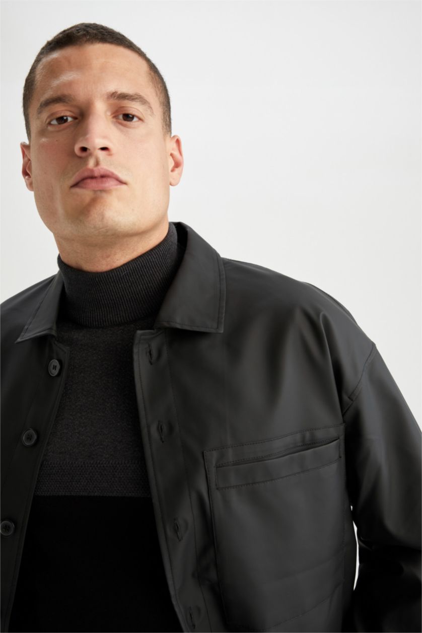 MAN Black Oversize Fit Shirt Collar Faux Leather Jacket