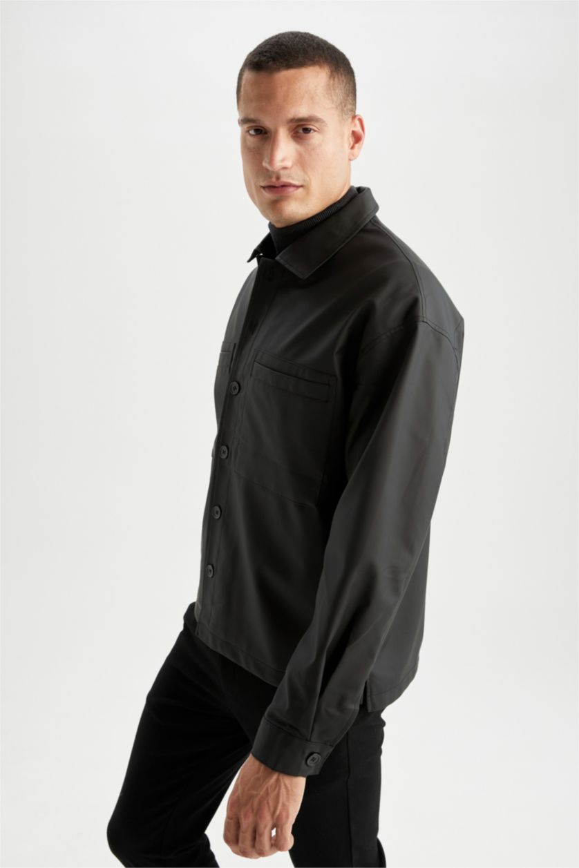 MAN Black Oversize Fit Shirt Collar Faux Leather Jacket