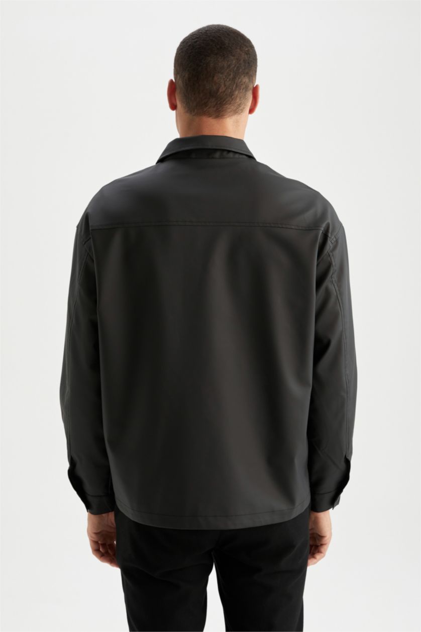 MAN Black Oversize Fit Shirt Collar Faux Leather Jacket