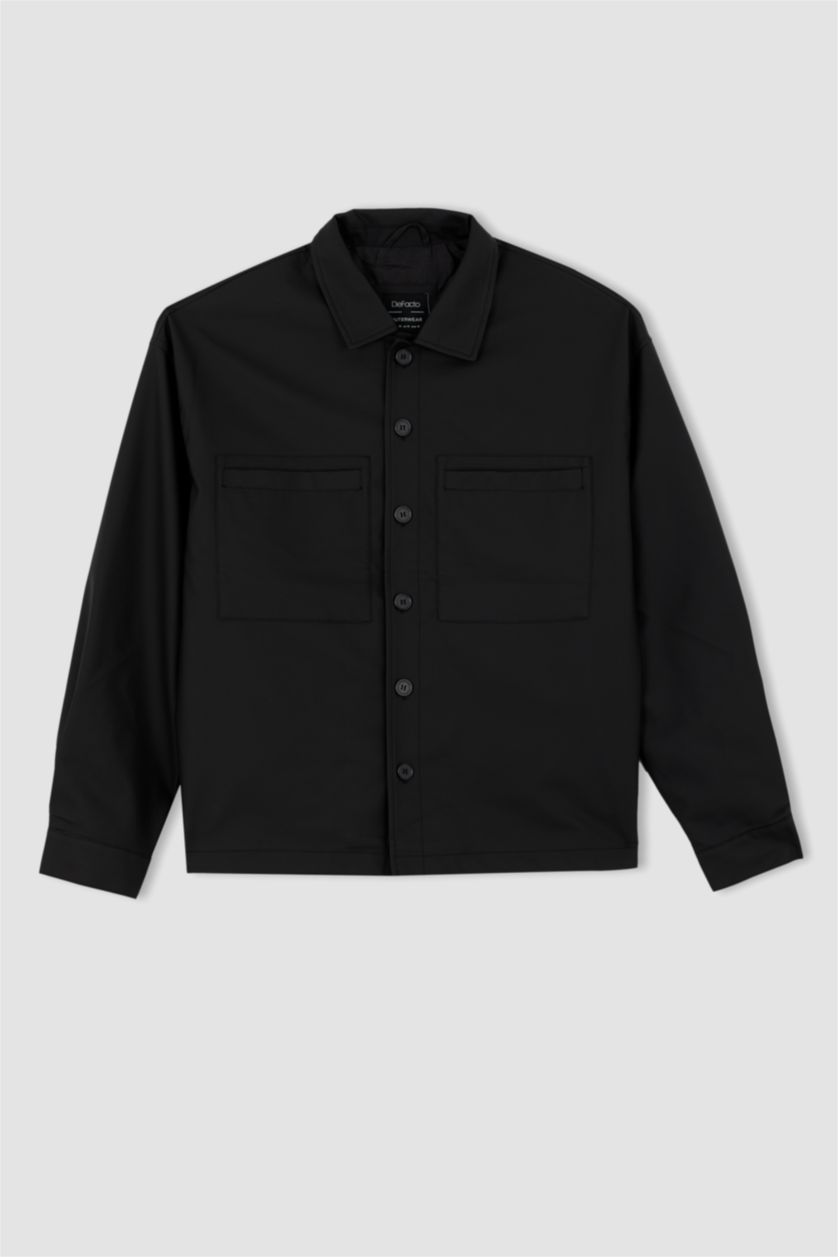 MAN Black Oversize Fit Shirt Collar Faux Leather Jacket