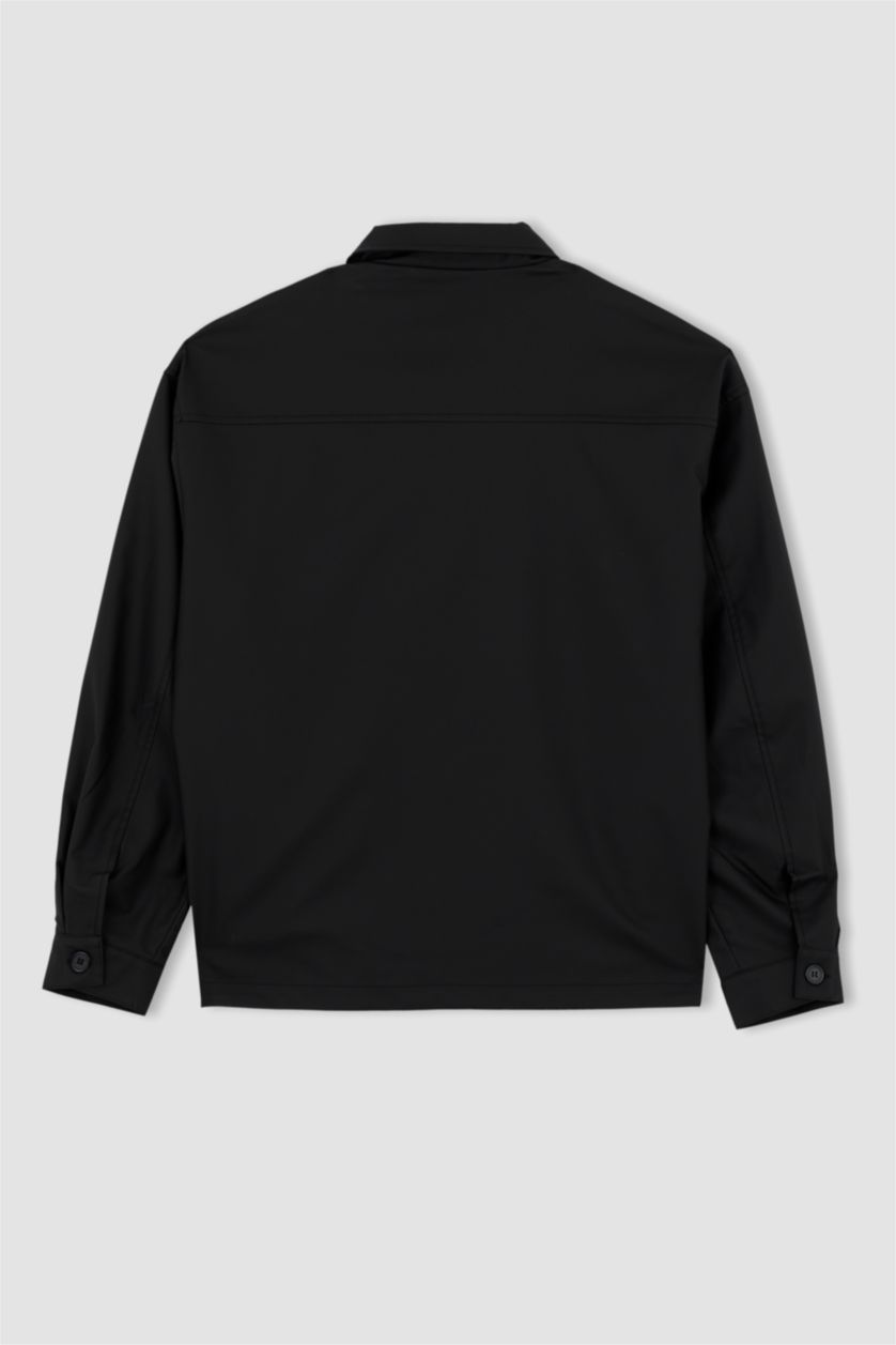 MAN Black Oversize Fit Shirt Collar Faux Leather Jacket