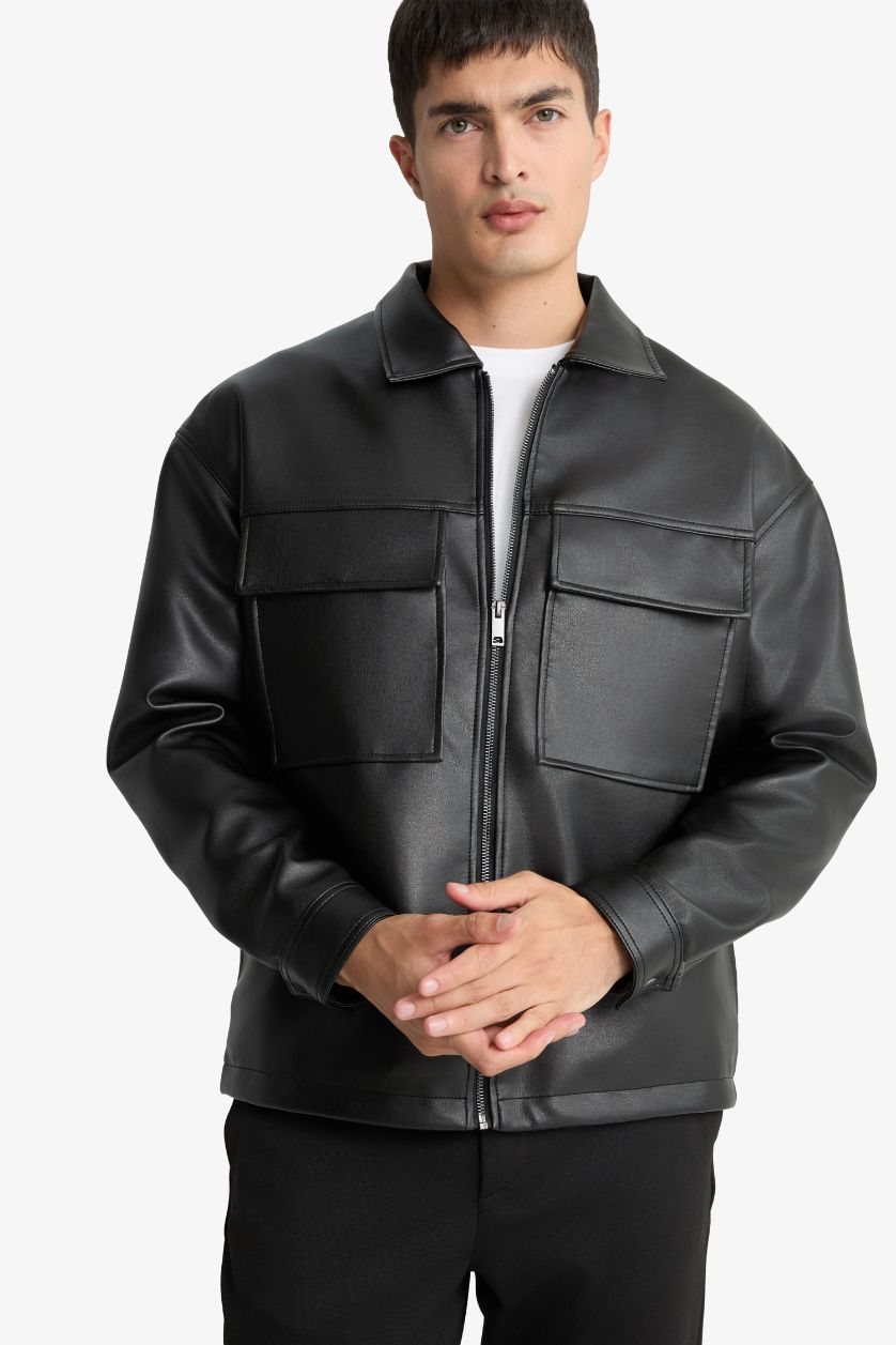 MAN Black Oversize Fit Shirt Collar Waterproof Jacket