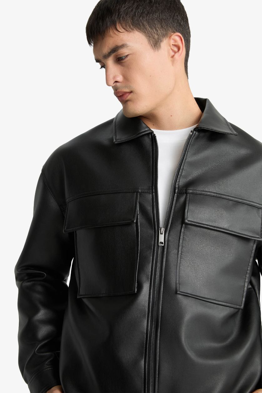 MAN Black Oversize Fit Shirt Collar Waterproof Jacket