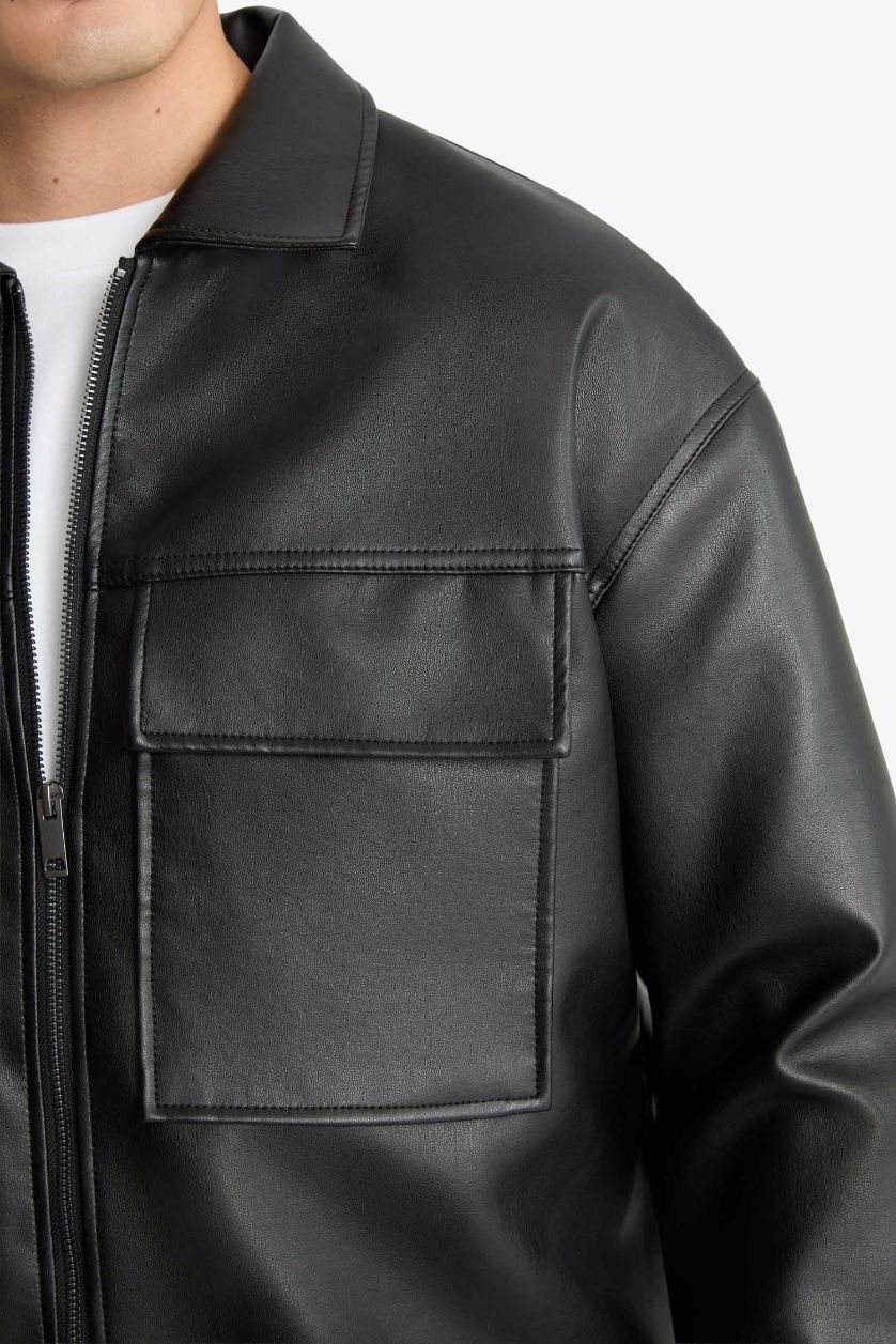 MAN Black Oversize Fit Shirt Collar Waterproof Jacket