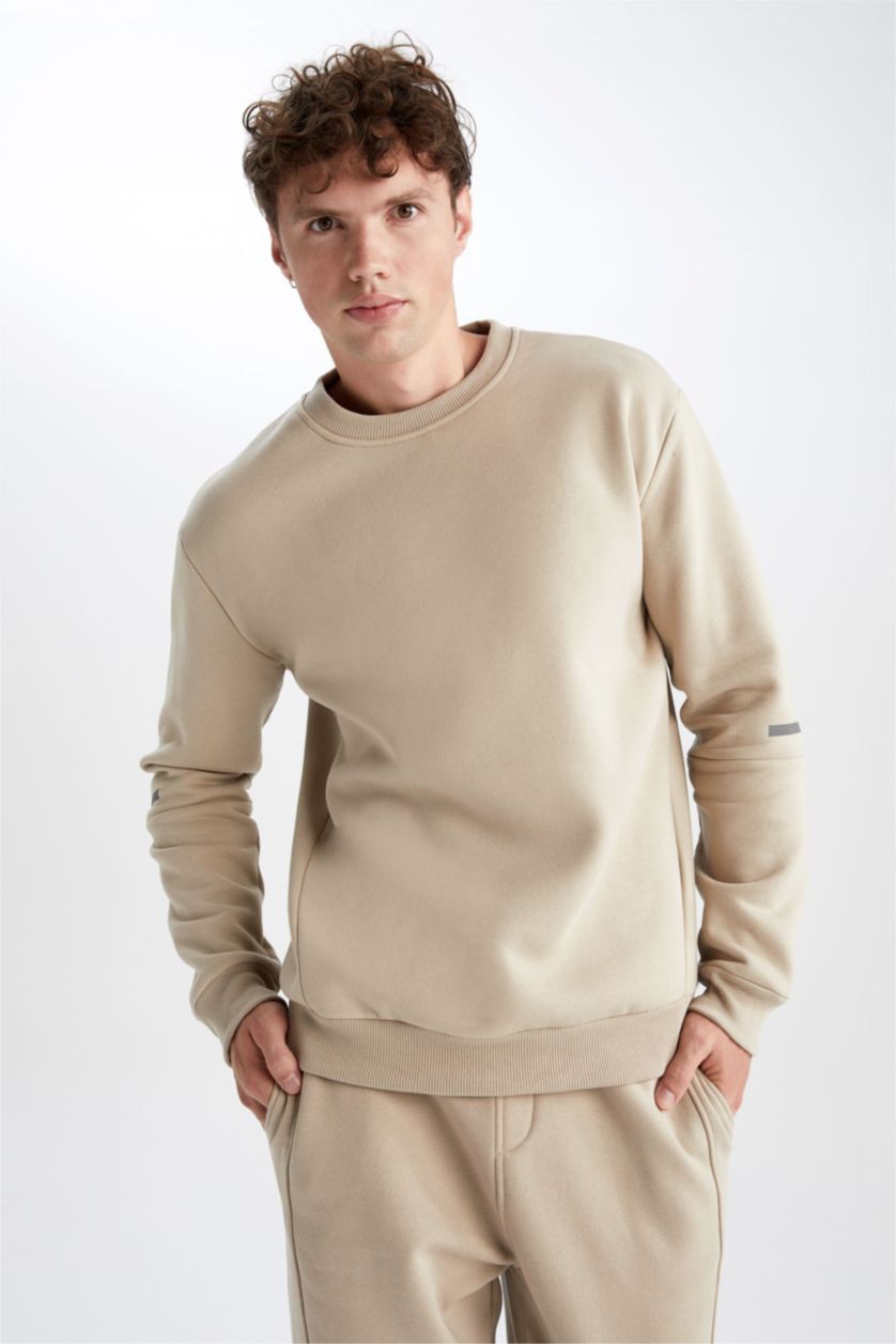 MAN Beige DeFactoFit Standard Fit Crew Neck Sweatshirt