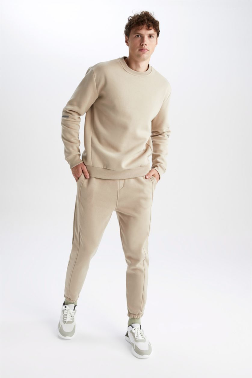 MAN Beige DeFactoFit Standard Fit Crew Neck Sweatshirt