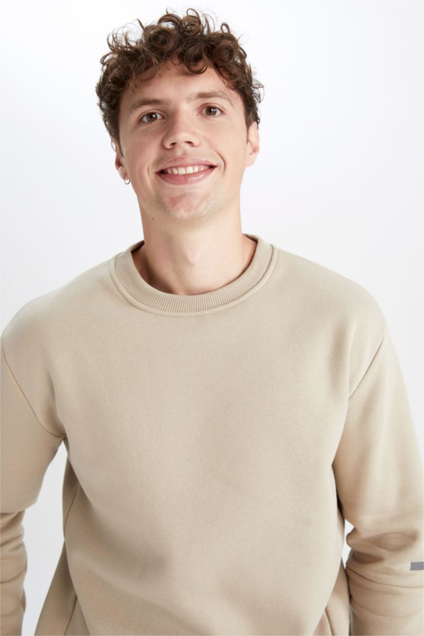 MAN Beige DeFactoFit Standard Fit Crew Neck Sweatshirt