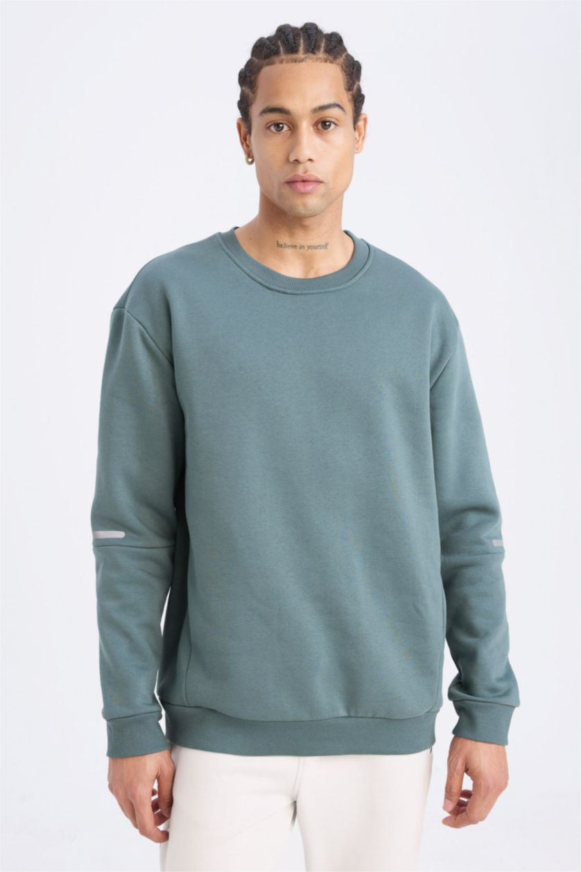 MAN Green DeFactoFit Standard Fit Crew Neck Sweatshirt