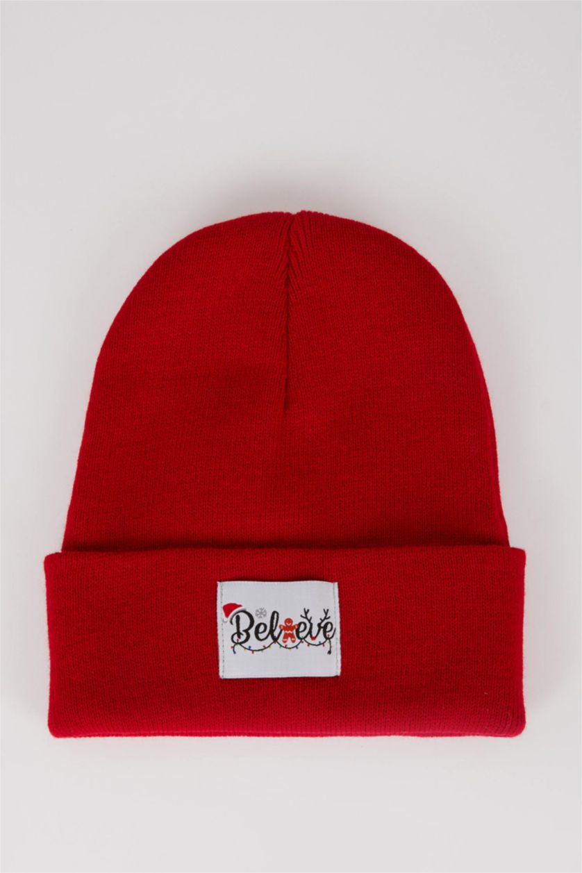 Kadın Kırmızı Kadın Slogan Baskılı Bere