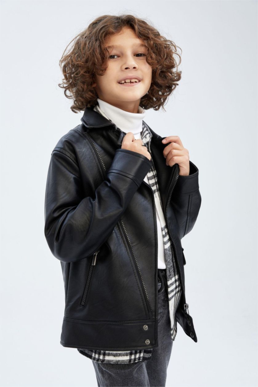 BOYS & TEENS Black Boy Waterproof Faux Leather Jacket