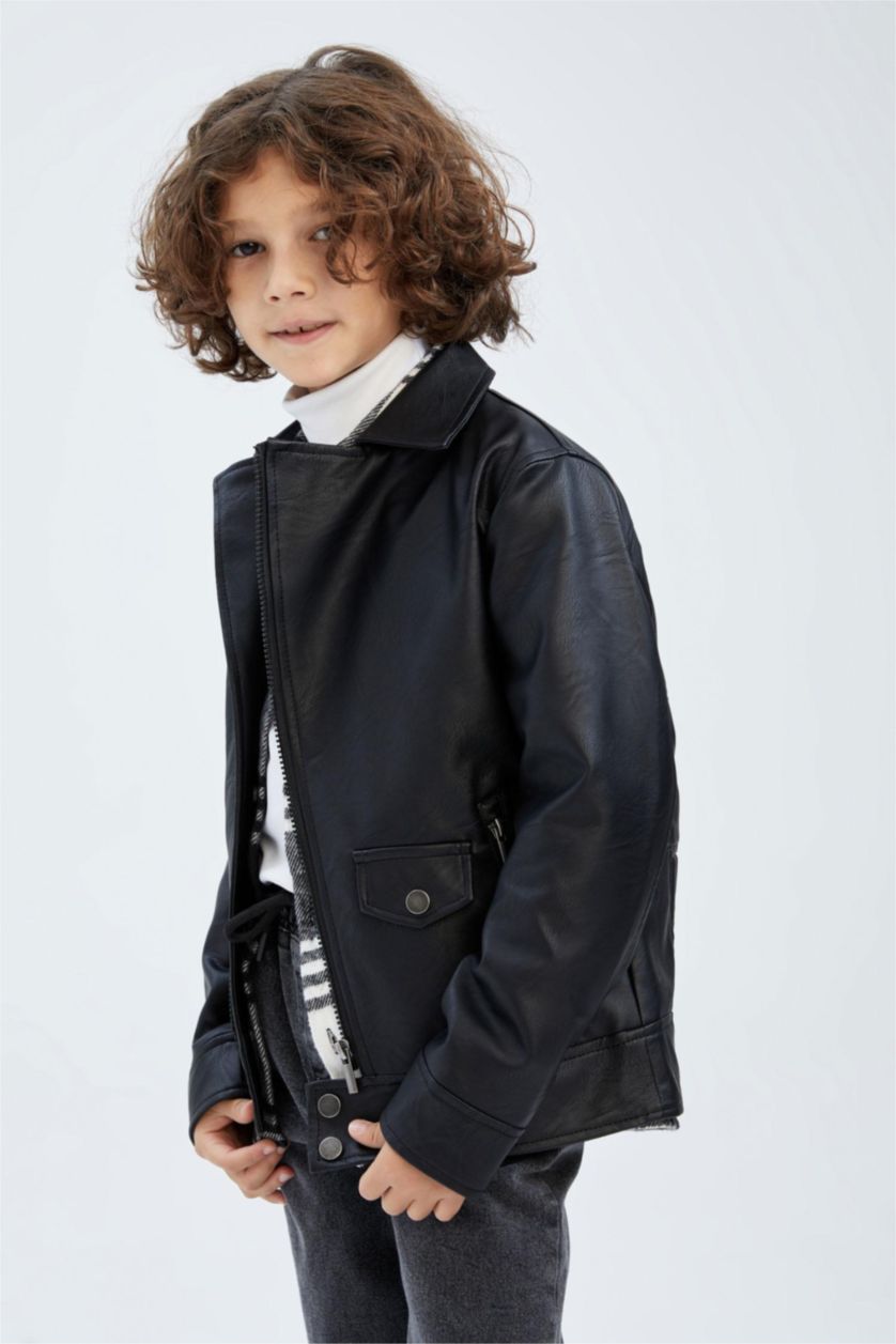 BOYS & TEENS Black Boy Waterproof Faux Leather Jacket